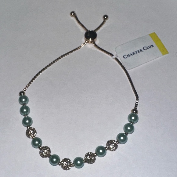 Charter Club Slider Bracelet Imitation Pearl Gold-tone Colorless Crystal - Picture 2 of 2